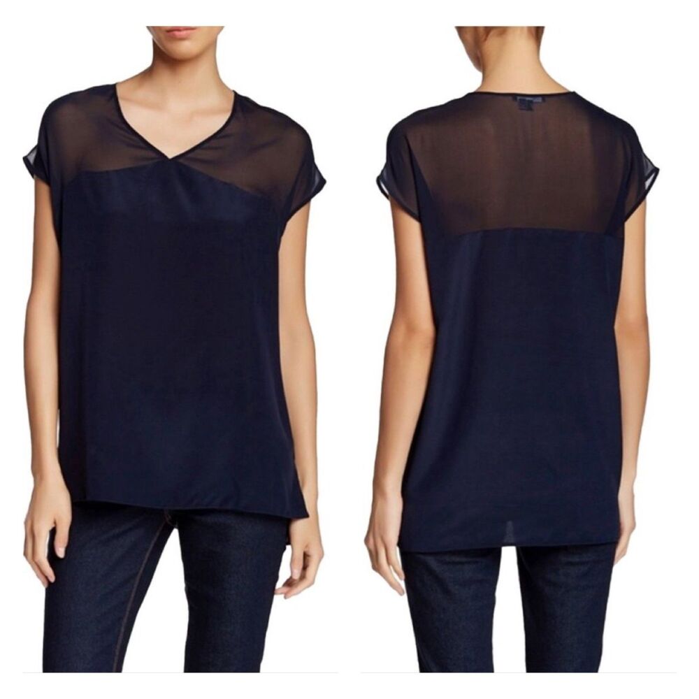 VINCE 100% Silk Navy V-Neck Cap Sleeve High Low Sheer Blouse, Sz S